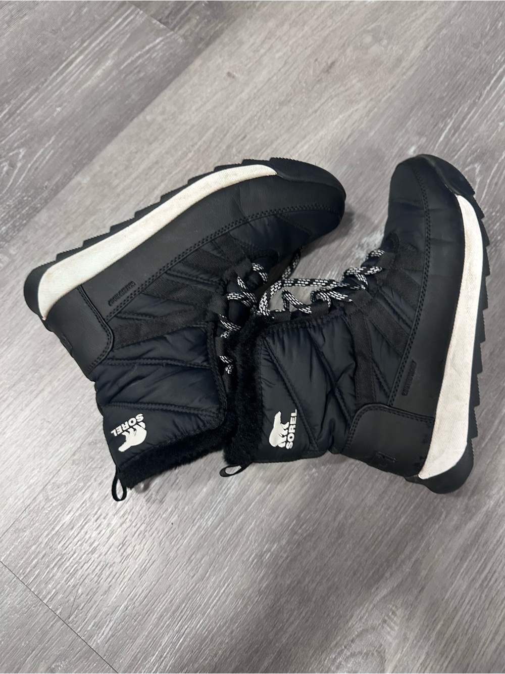 Sorel Black and White Quilted Lace-Up Snow Boots